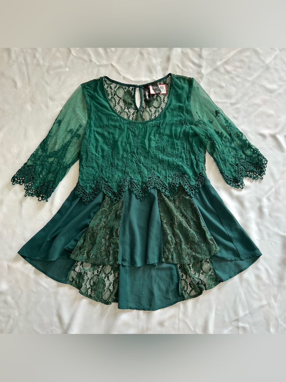 NWT Large BKE Boutique by Buckle Teal Emerald Green Tunic Blouse Lace Floral